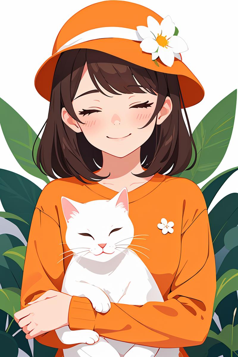 00096-2913978487-flat vector art,vector illustration, 1girl, upper body,orange sweater, blush, closed eyes, holding cat, smile, hat, white headwe.png